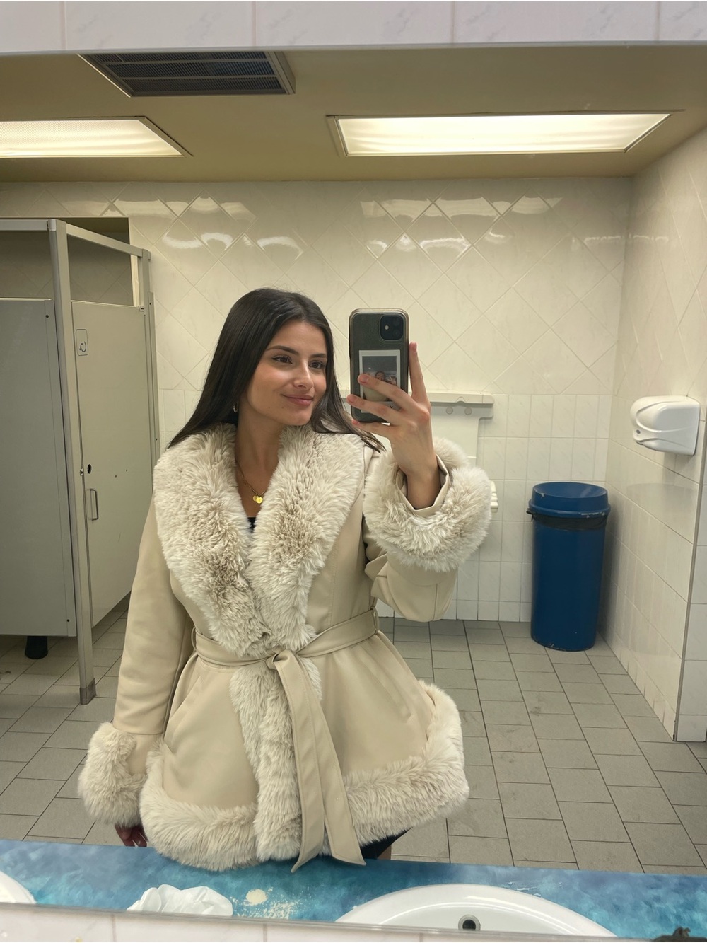 SHEIN Cream Faux Fur Trim Belted Jacket